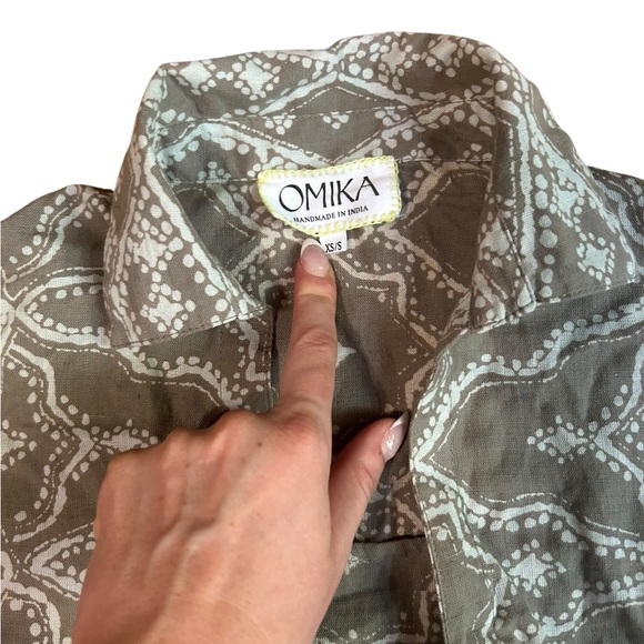 Omika Cotton Linen Blouse Size Small Green Blue Cotton Linen Top Tunic Boho - Picture 3 of 9